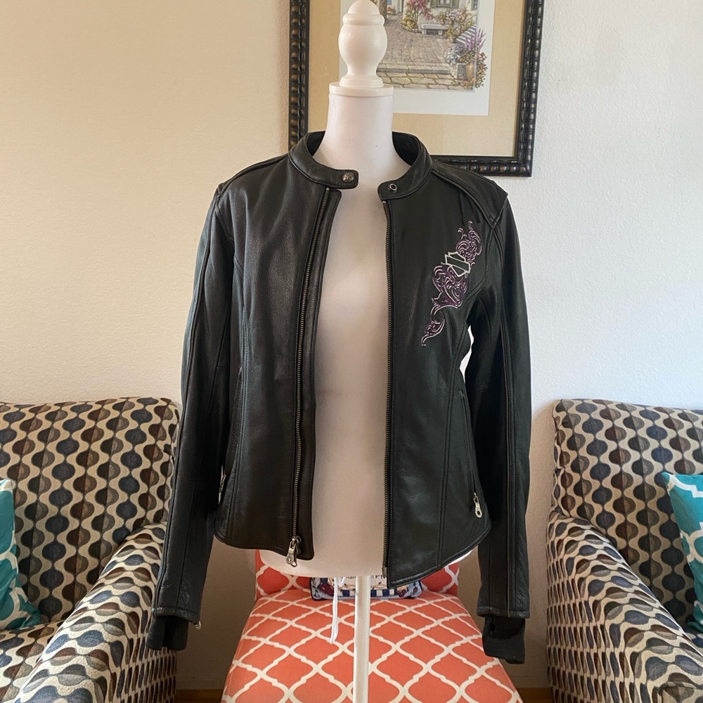Harley-Davidson Purple Steel Heart Leather Jacket Hoodie 3in1, BLK,Women Size S - Picture 2 of 16